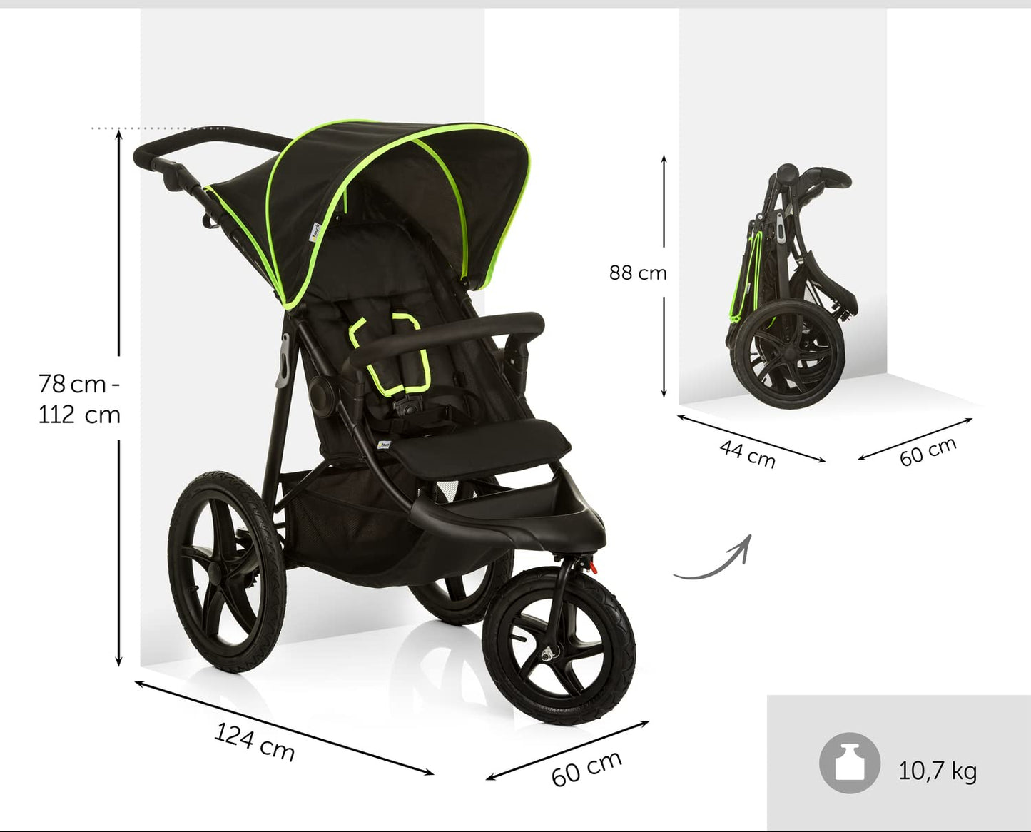 All-Terrain 3-Wheel Pushchair with XL Air Wheels & Raincover, Reclining from Birth to 22kg - Black/Neon Yellow