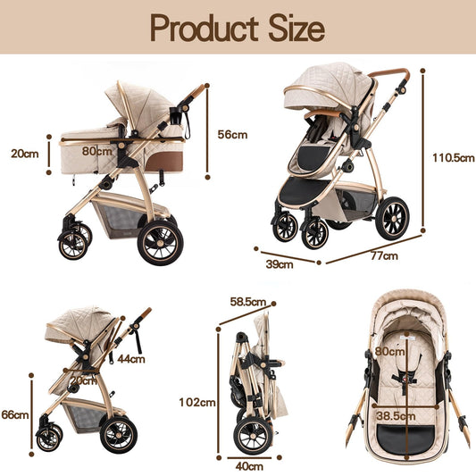 3-in-1 Travel System Pram & Pushchair with Car Seat, Adjustable Handle, Aluminum Frame - Black
