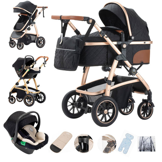 3-in-1 Travel System Pram & Pushchair with Car Seat, Adjustable Handle, Aluminum Frame - Black